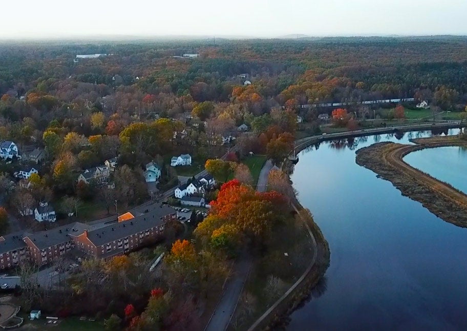Aerial shot of Piscataqua River in Exeter, New Hampshire