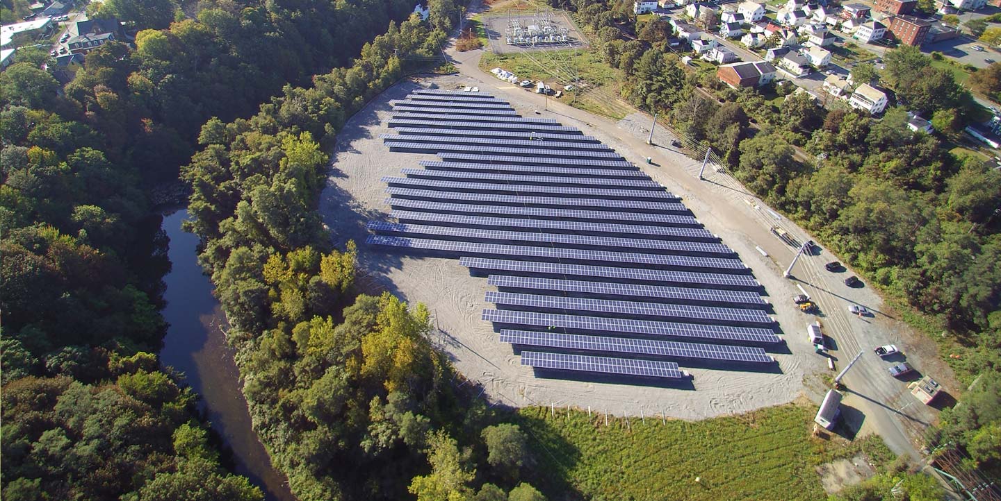 aerial view of Solarway solar array in Fitchburg, MA
