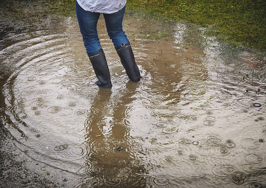woman standing in puddle outside