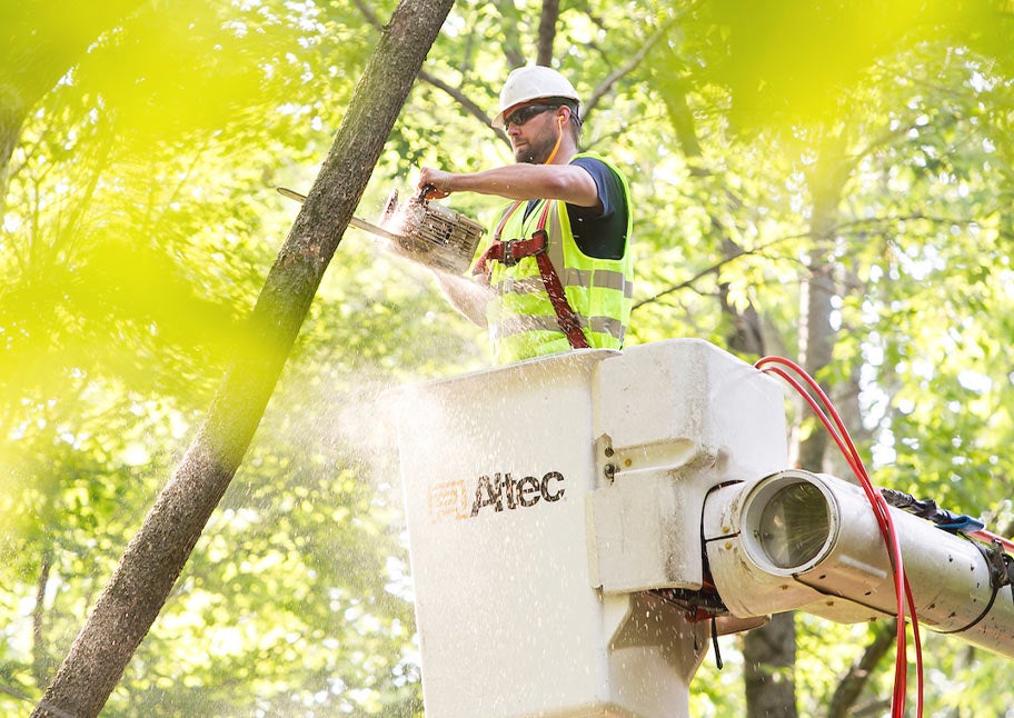 Unitil forestry crew member in bucket truck cutting tree