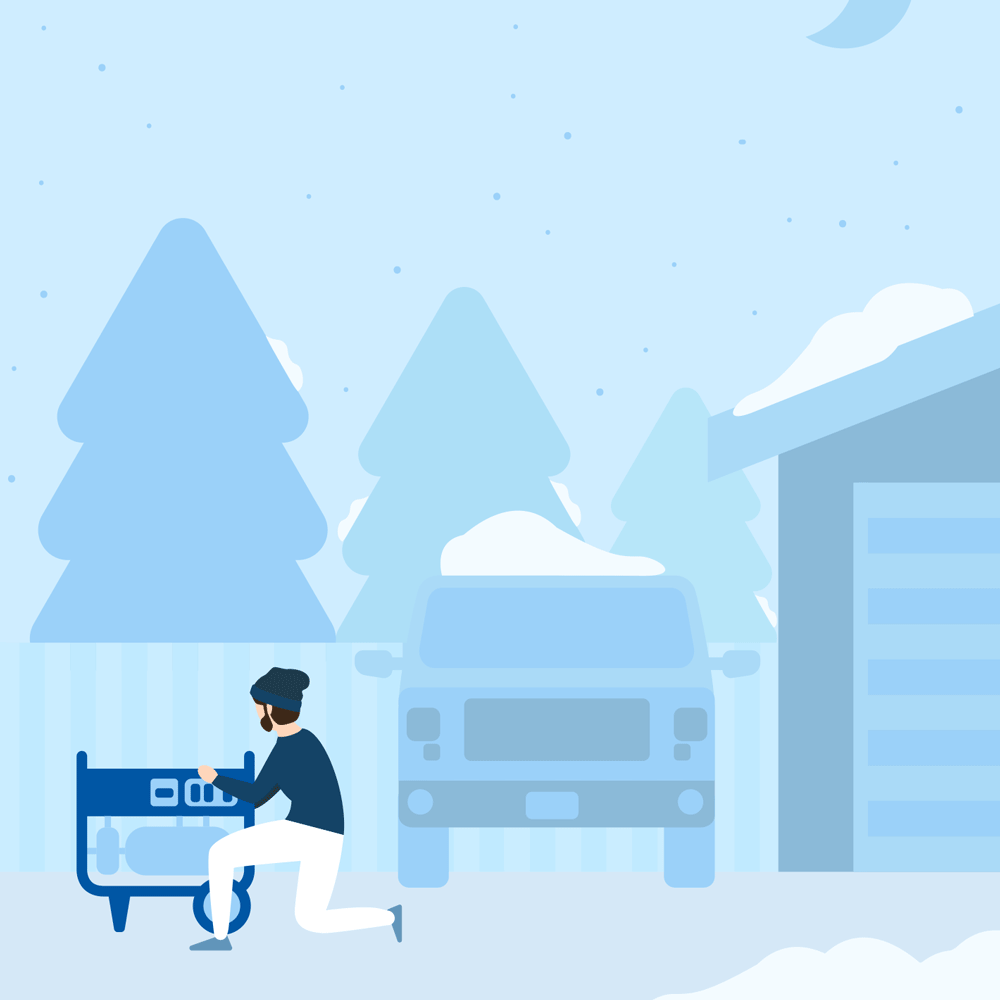graphic of man setting up generator outside house in snow