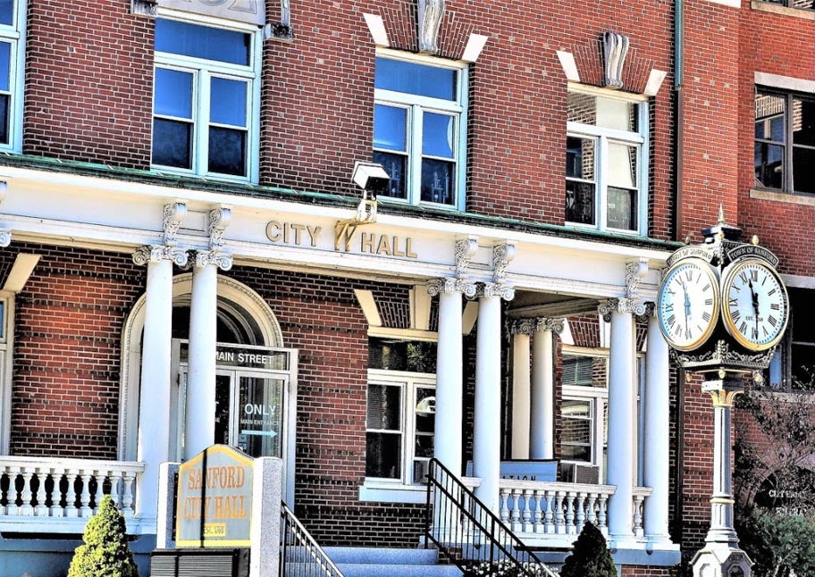 front entry of Sanford City Hall brick building