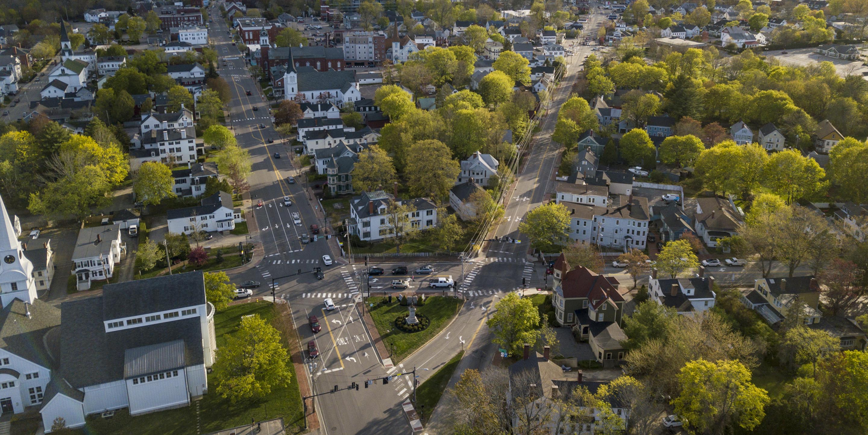 aerial view of the City of Saco downtown