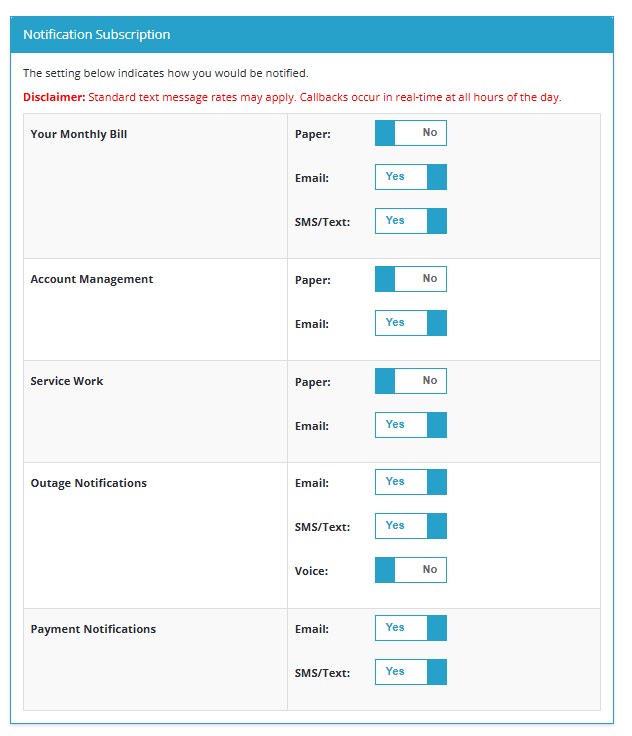 Notification Subscription section of MyUnitil Profile tab