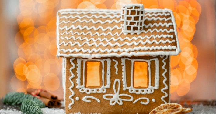 gingerbread house with wintry decorations
