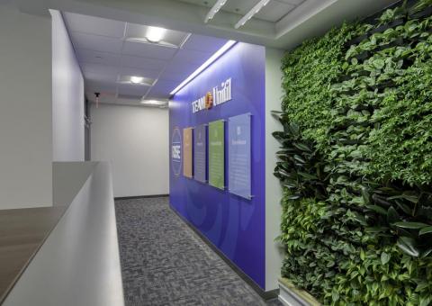 interior hallway of Unitil's Exeter location showing green plants installed in wall