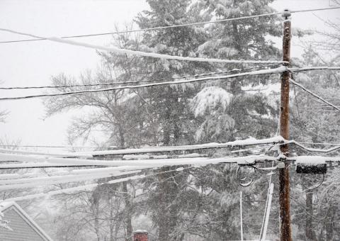 close up view of snow build up on power lines