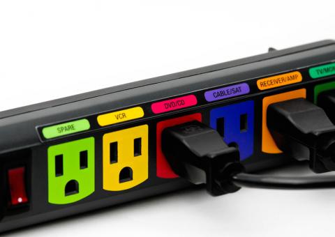 power strip with color-coded labels