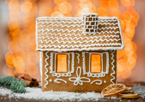 gingerbread house with wintry decorations