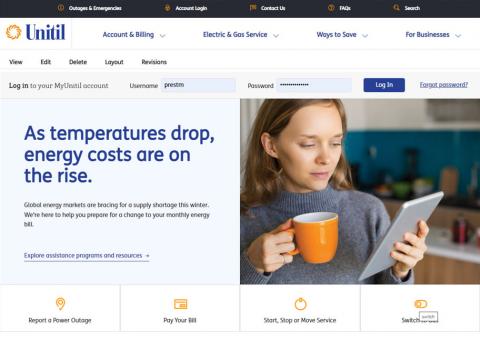 screenshot of unitil.com website homepage featuring lady drinking from orange mug
