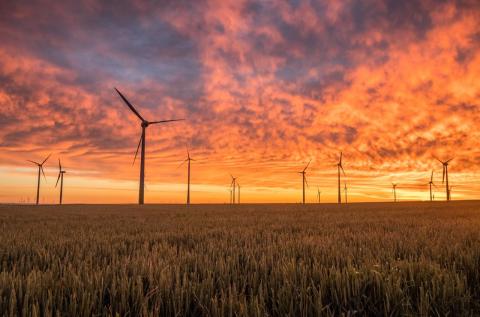 Wind turbines in a flat field against a vibrant sunset