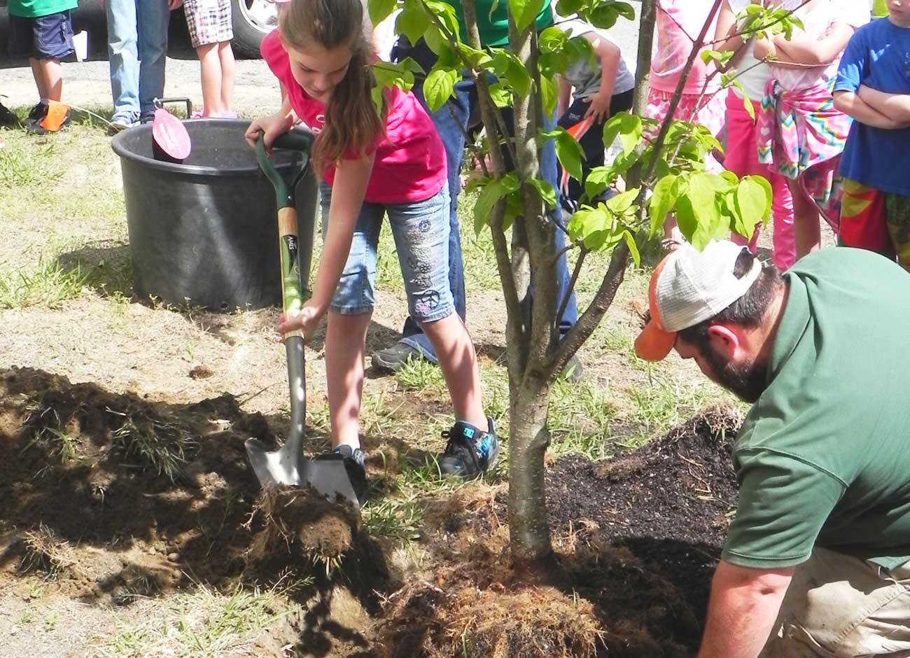 Unitil employee helping kids plant new tree